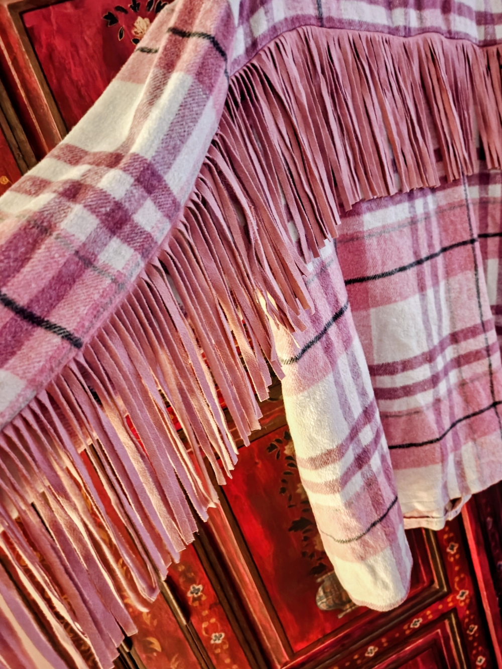Pink Black And White Plaid Flannel Fringe Jacket Blk Metal Snaps Oversized Large
